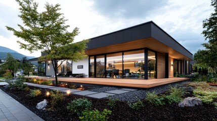 Modern house, mountain view, evening light, landscaped garden, architectural design