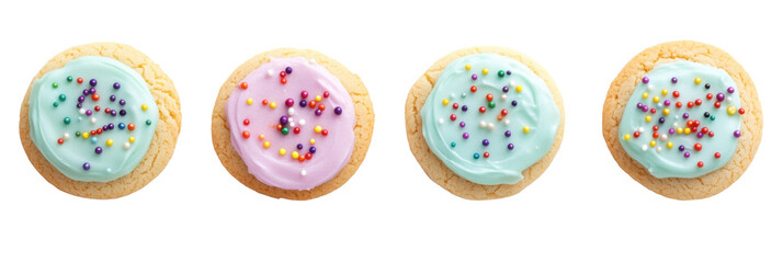 Colorful iced sugar cookies with sprinkles in pastel shades on transparent background png