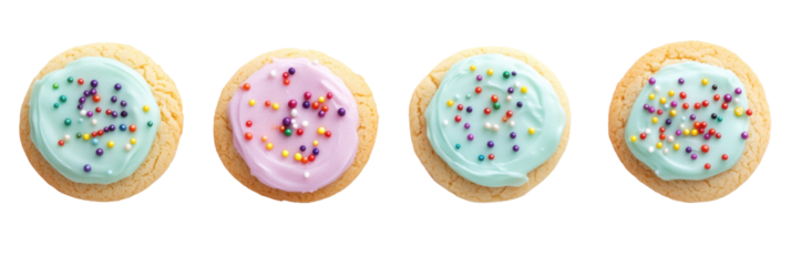 Colorful iced sugar cookies with sprinkles in pastel shades on transparent background png