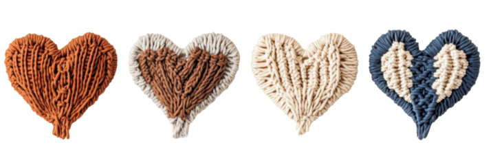Colorful macrame heart patterns displayed in sequence on transparent background png
