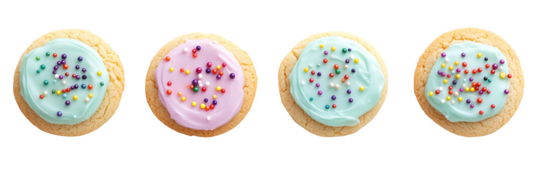 Colorful iced sugar cookies with sprinkles in pastel shades on transparent background png