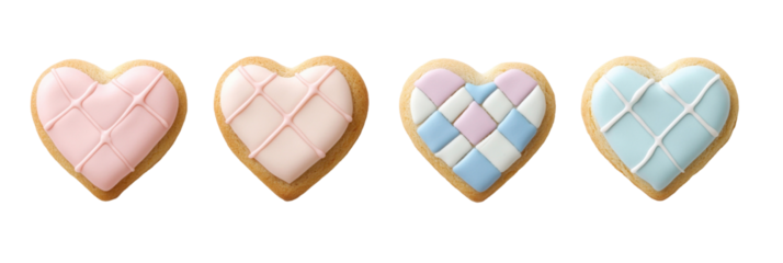 Colorful heart-shaped cookies with pastel icing in various patterns and designs png