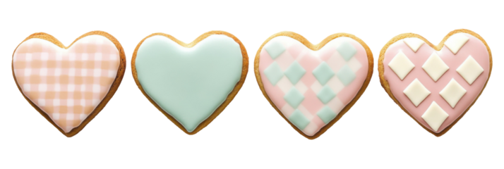 Colorful heart-shaped cookies with geometric patterned icing on transparent background png
