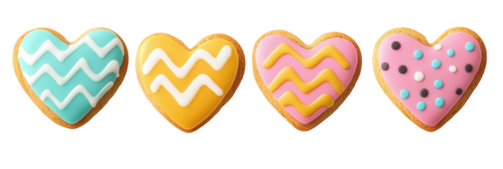 Colorful heart-shaped cookies with decorative icing patterns on transparent background png