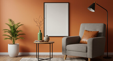 A cozy living room setup featuring an orange accent wall