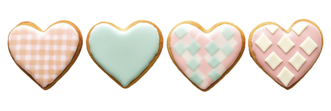 Colorful heart-shaped cookies with geometric patterned icing on transparent background png - Powered by Adobe