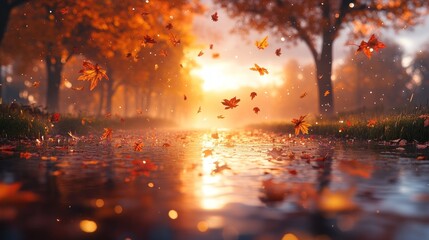 Autumn leaves falling on path, sunrise