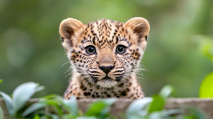 Obraz premium Leopard cub looks directly at the camera from behind green foliage in a lush forest.