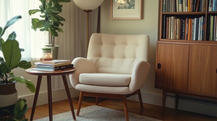 Obraz premium A white armchair with tufted back and seat, positioned next to a wooden bookshelf filled with books.