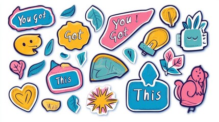 Colorful Stickers Collection with Fun Phrases and Leaves Design