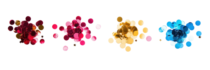 Colorful assorted confetti on transparent background in red, pink, gold, and blue png