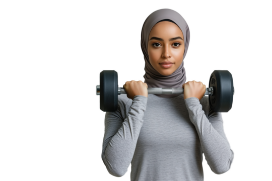 Cut out isolated fit muslim woman wearing modest workout clothes while holding dumbbell on transaprent background background