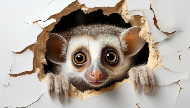 Nahaufnahme eines Loris-Babys aus einem zerfetzten Loch in der Wand vor wei&szlig;em Hintergrund