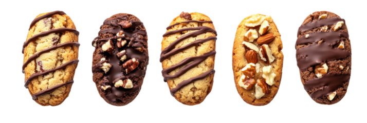 Assorted cookie selection with chocolate drizzle and nut toppings on isolated transparent background png