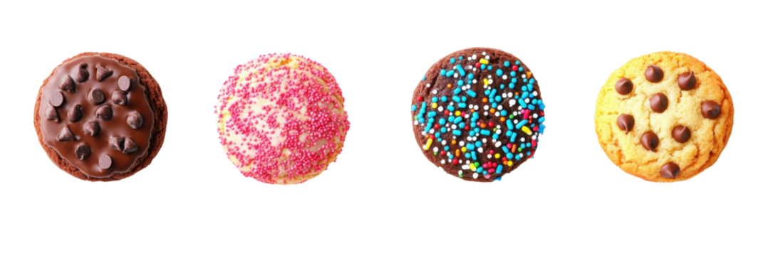 Assorted colorful cookies with sprinkles and chocolate chips on transparent background png