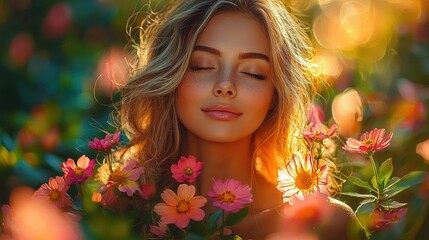 Naklejka premium Golden Hour Beauty Surrounded By Blooming Flowers