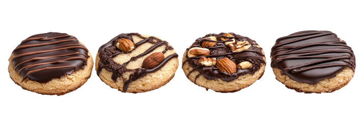 Assorted chocolate covered cookies with nuts on a transparent background png