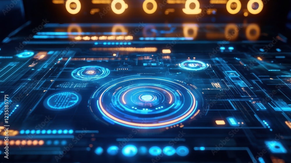 Wall mural futuristic interface with data circles and light effects