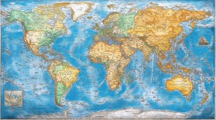 Detailed world map, showing continents, countries, oceans, and geographic features.  Possible use educational, reference