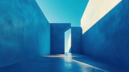 Abstract Architectural Space with Blue Walls and Bright Light