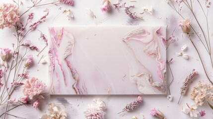 Marble texture frame with pink fluid art and dried roses on white background, romantic feminine flatlay