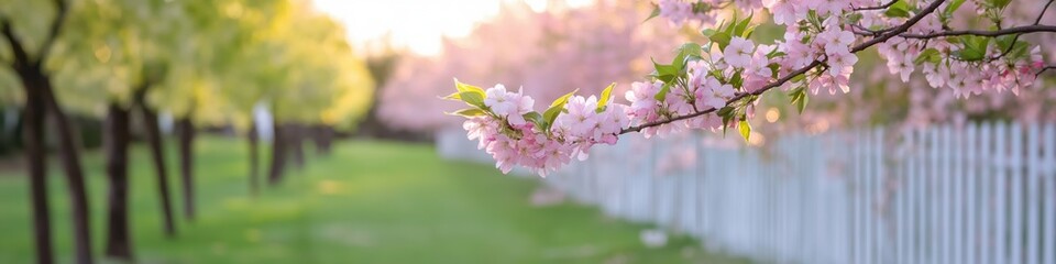 Obraz premium A white fence with a pink tree branch in the foreground. The scene is peaceful and serene, with the pink tree branch adding a touch of color to the otherwise green grass