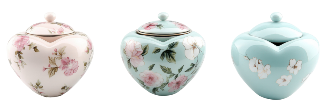 Herzförmige Keramikgefäße mit Vintage-Blumenmuster und Deckel in Pastelltönen png