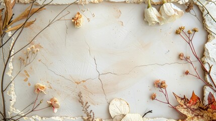 Minimalist frame of delicate dried flowers and plants, leaves pastel soft textured background with copy space