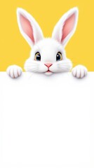 Obraz premium A playful Easter-themed design featuring a cute white bunny with fluffy fur and bright eyes peeking over a blank white banner