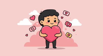 Cute cartoon character holding a large heart surrounded by colorful likes and hearts on a pastel background.
