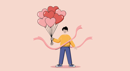Illustration of a person holding heart-shaped balloons tied with ribbons on a pastel background, depicting love and celebration.