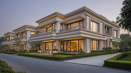 Elegant villas, evening view, luxury estate, landscaped gardens