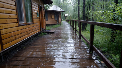 Fototapeta premium Wet wooden boardwalk runs alongside rustic log cabins in a green forest during a rainy day.