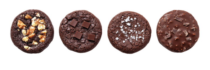 Verschiedene Schokoladenkekse mit Nüssen, Schokoladenstückchen, Meersalz und Schokoladenglasur auf transparentem Hintergrund png