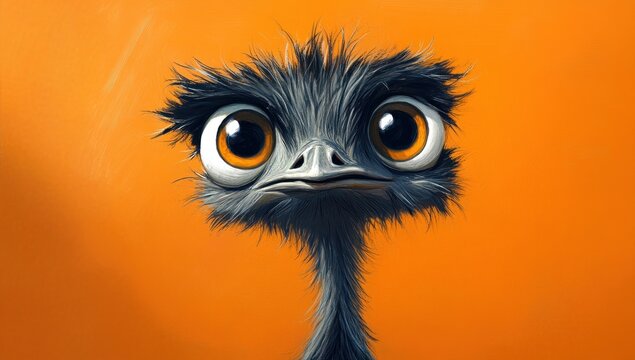 Adorable Emeu Portrait:  Big Eyes, Fluffy Feathers, Orange Background