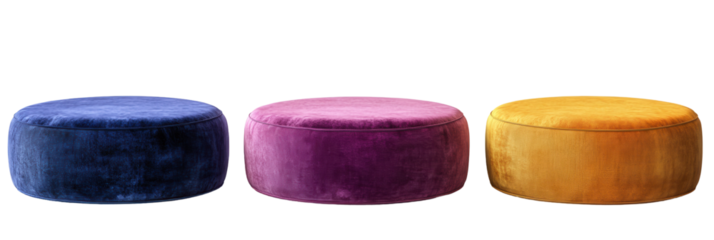 Trio aus leuchtenden Samthockern in Blau, Lila und Orange auf transparentem Hintergrund png