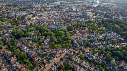 Aerial view of the city Oldenburg in Germany on a sunny day in spring.