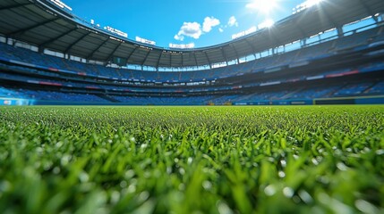 Empty baseball stadium field, sunny day, vibrant green grass