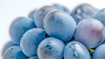 Close-up juicy blue grapes, water droplets, white background, food photography