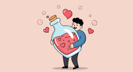 Cartoon character hugging a giant love potion bottle, surrounded by hearts and bubbles on a light pink background.