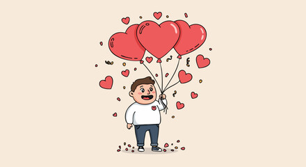Cartoon boy joyfully floating with heart-shaped balloons, surrounded by love icons, set against a light background.