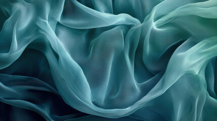 Obraz premium A luxurious, soft-focus image of delicately layered chiffon fabric, cascading in a mesmerizing blend of seafoam green and deep cobalt blue