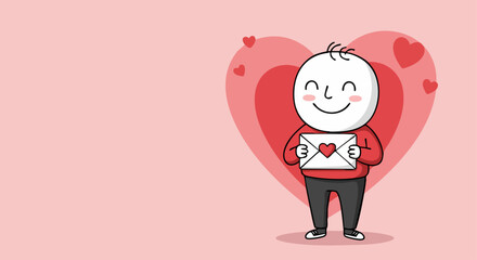 A cheerful cartoon character holds a letter with a heart in a cute romantic setting, surrounded by floating hearts.
