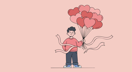 A joyful boy holding heart-shaped balloons, set against a pink background, captures a whimsical moment filled with love and happiness.