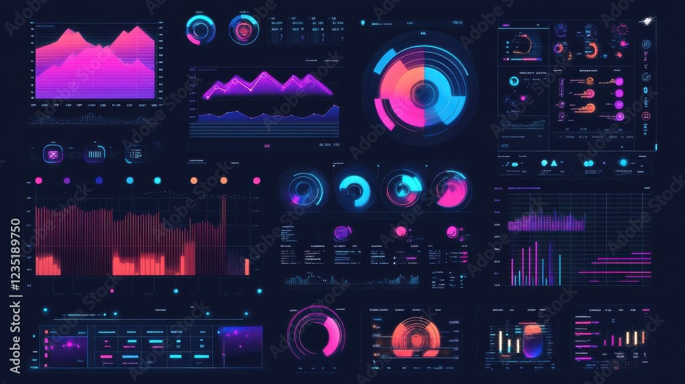 Poster colorful data visualization dashboard with various graphs and charts