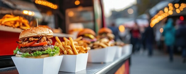 Delicious Gourmet Burger and Fries from a Food Truck