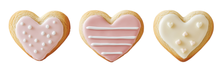 Drei herzförmige Zuckerkekse mit dekorativer Glasur in Pastellfarben auf transparentem Hintergrund png