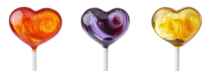 Drei herzförmige Lutscher in Rot, Lila und Gelb mit Wirbelmuster auf weißen Stielen png
