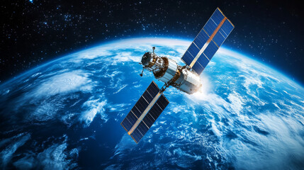 Fototapeta premium Space Engineer at Work: Servicing a Communication Satellite in Outer Space