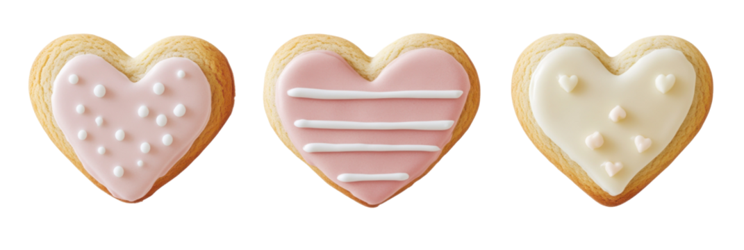 Drei herzförmige Zuckerkekse mit dekorativer Glasur in Pastellfarben auf transparentem Hintergrund png